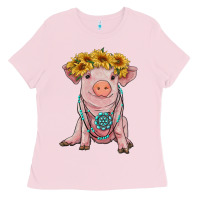 Bubblegum Pink sunflower pig with gemstone Ladies Tee - RanaPortraitStore