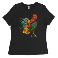 Black rooster with sunflowers Ladies Tee - RanaPortraitStore