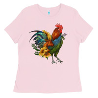 Bubblegum Pink rooster with sunflowers Ladies Tee - RanaPortraitStore