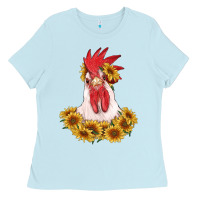 Baby Blue rooster head with sunflowers Ladies Tee - RanaPortraitStore