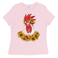 Bubblegum Pink rooster head with sunflowers Ladies Tee - RanaPortraitStore