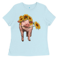 Baby Blue pig with sunflowers Ladies Tee - RanaPortraitStore