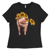 Black pig with sunflowers Ladies Tee - RanaPortraitStore