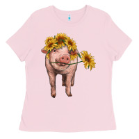 Bubblegum Pink pig with sunflowers Ladies Tee - RanaPortraitStore