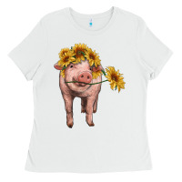 White pig with sunflowers Ladies Tee - RanaPortraitStore