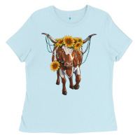 Baby Blue longhorn cow with sunflowers Ladies Tee - RanaPortraitStore