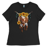 Black longhorn cow with sunflowers Ladies Tee - RanaPortraitStore