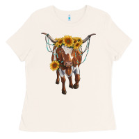 Bone longhorn cow with sunflowers Ladies Tee - RanaPortraitStore