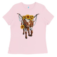 Bubblegum Pink longhorn cow with sunflowers Ladies Tee - RanaPortraitStore