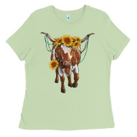 Matcha longhorn cow with sunflowers Ladies Tee - RanaPortraitStore