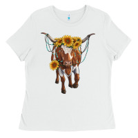 White longhorn cow with sunflowers Ladies Tee - RanaPortraitStore