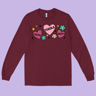 Tacos Tequila Anxiety Long Sleeve Tee Designed By Maliassmallbusiness