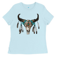 Baby Blue boho bull skull Ladies Tee - RanaPortraitStore