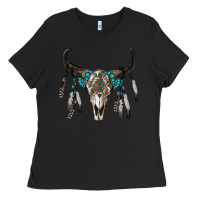 Black boho bull skull Ladies Tee - RanaPortraitStore