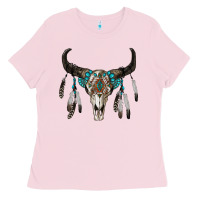 Bubblegum Pink boho bull skull Ladies Tee - RanaPortraitStore