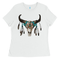 White boho bull skull Ladies Tee - RanaPortraitStore