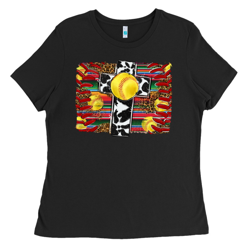Softball Cross Serape Leopard Background Ladies Tee by RanaPortraitStore | Teevron