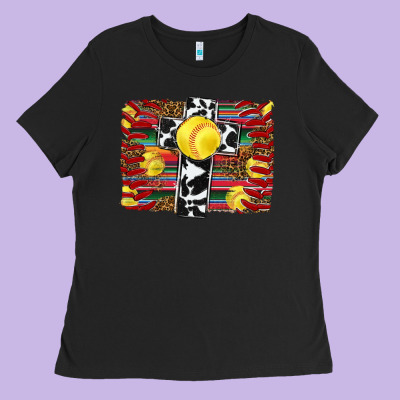 Softball Cross Serape Leopard Background Ladies Tee Designed By Ranaportraitstore