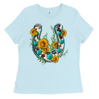 Baby Blue cowhide sunflower horseshoe Ladies Tee - Zillion Design Studio