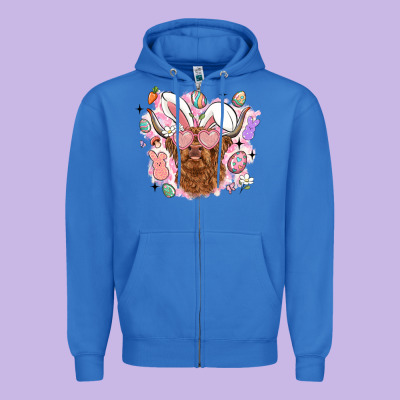 Highland Heifer Easter Zipper Hoodie Designed By Lillyallendesigns
