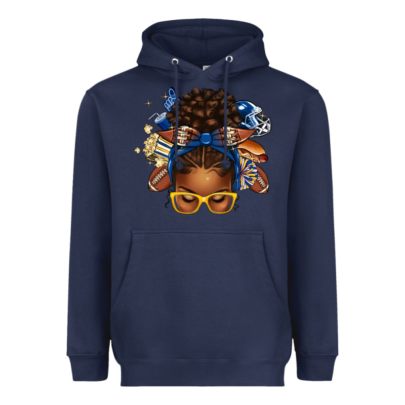 Blue And Gold American Football Afro Messy Bun Heavyweight Hoodie by texasbilliewilder | Teevron