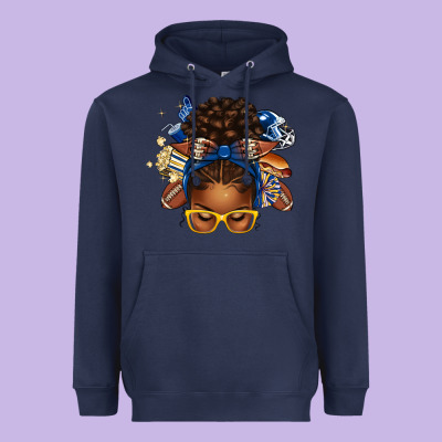 Blue And Gold American Football Afro Messy Bun Heavyweight Hoodie Designed By Texasbilliewilder