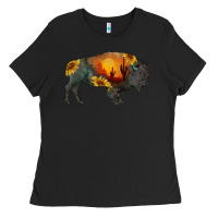 Black sunflower bison Ladies Tee - RanaPortraitStore