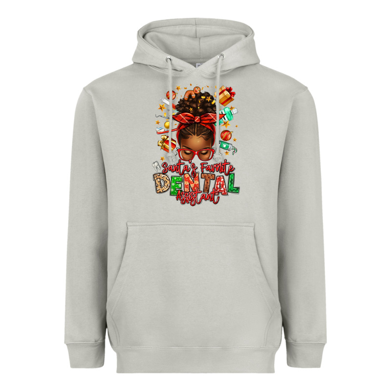Santa's Favorite Dental Assistant Afro Messy Bun Heavyweight Hoodie by texasbilliewilder | Teevron