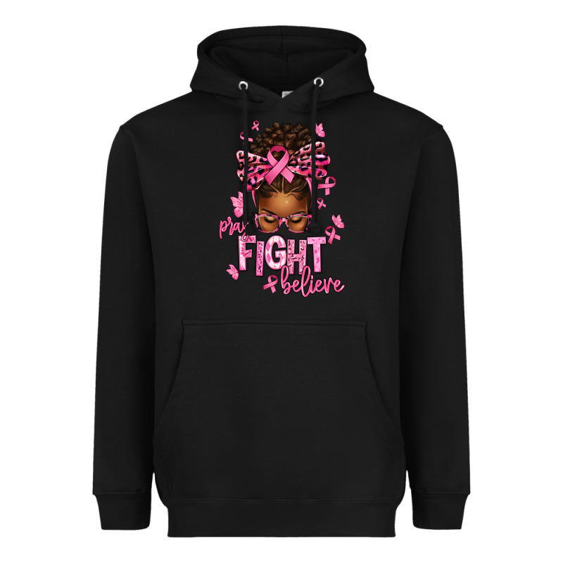 Pray Fight Believe Breast Cancer Afro Messy Heavyweight Hoodie by texasbilliewilder | Teevron