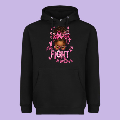 Pray Fight Believe Breast Cancer Afro Messy Heavyweight Hoodie Designed By Texasbilliewilder