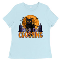 Baby Blue Black Cat Crossing Ladies Tee - texasbilliewilder