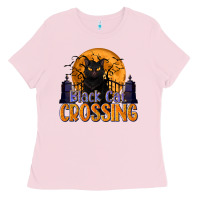 Bubblegum Pink Black Cat Crossing Ladies Tee - texasbilliewilder