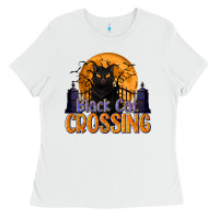 White Black Cat Crossing Ladies Tee - texasbilliewilder