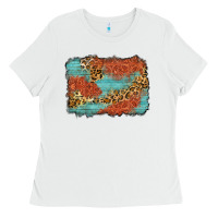 White western leopard tooled leather background Ladies Tee - Zillion Design Studio