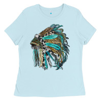 Baby Blue indian feather headdress with western  patterns Ladies Tee - RanaPortraitStore