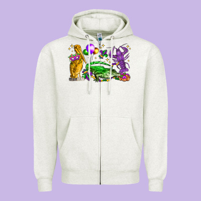 Mardi Gras Pelican Alligator And Crawfish Zipper Hoodie Designed By Lillyallendesigns