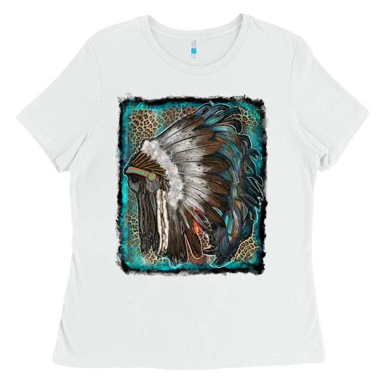 Indian Feather Headdress With Leopard Background Ladies Tee by RanaPortraitStore | Teevron