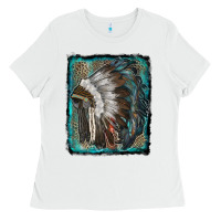 White indian feather headdress with leopard background Ladies Tee - RanaPortraitStore