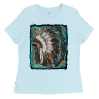 Baby Blue indian feather headdress with leopard background Ladies Tee - RanaPortraitStore