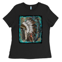 Black indian feather headdress with leopard background Ladies Tee - RanaPortraitStore