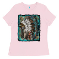 Bubblegum Pink indian feather headdress with leopard background Ladies Tee - RanaPortraitStore