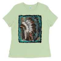 Matcha indian feather headdress with leopard background Ladies Tee - RanaPortraitStore