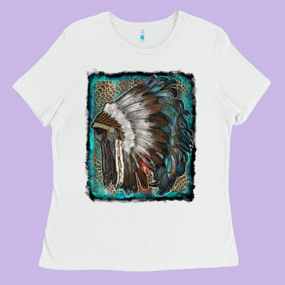 Indian Feather Headdress With Leopard Background Ladies Tee Designed By Ranaportraitstore