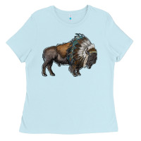 Baby Blue bison with indian headdress Ladies Tee - RanaPortraitStore