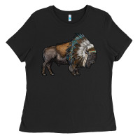 Black bison with indian headdress Ladies Tee - RanaPortraitStore