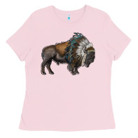 Bubblegum Pink bison with indian headdress Ladies Tee - RanaPortraitStore