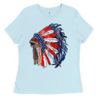 Baby Blue american flag indian headdress Ladies Tee - RanaPortraitStore