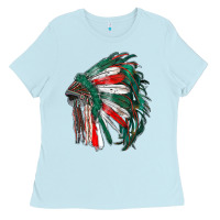 Baby Blue mexican flag indian headdress Ladies Tee - RanaPortraitStore
