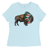 Baby Blue mexican bison with indian headdress Ladies Tee - RanaPortraitStore