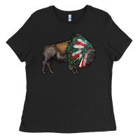 Black mexican bison with indian headdress Ladies Tee - RanaPortraitStore